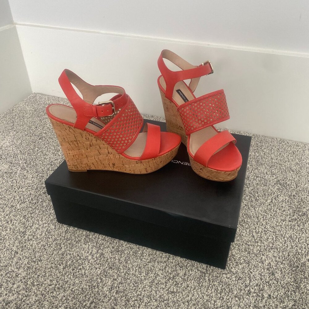 French Connection Devi Cork Wedge Sandals – Lava Multi, Size 8.5 (Like New)